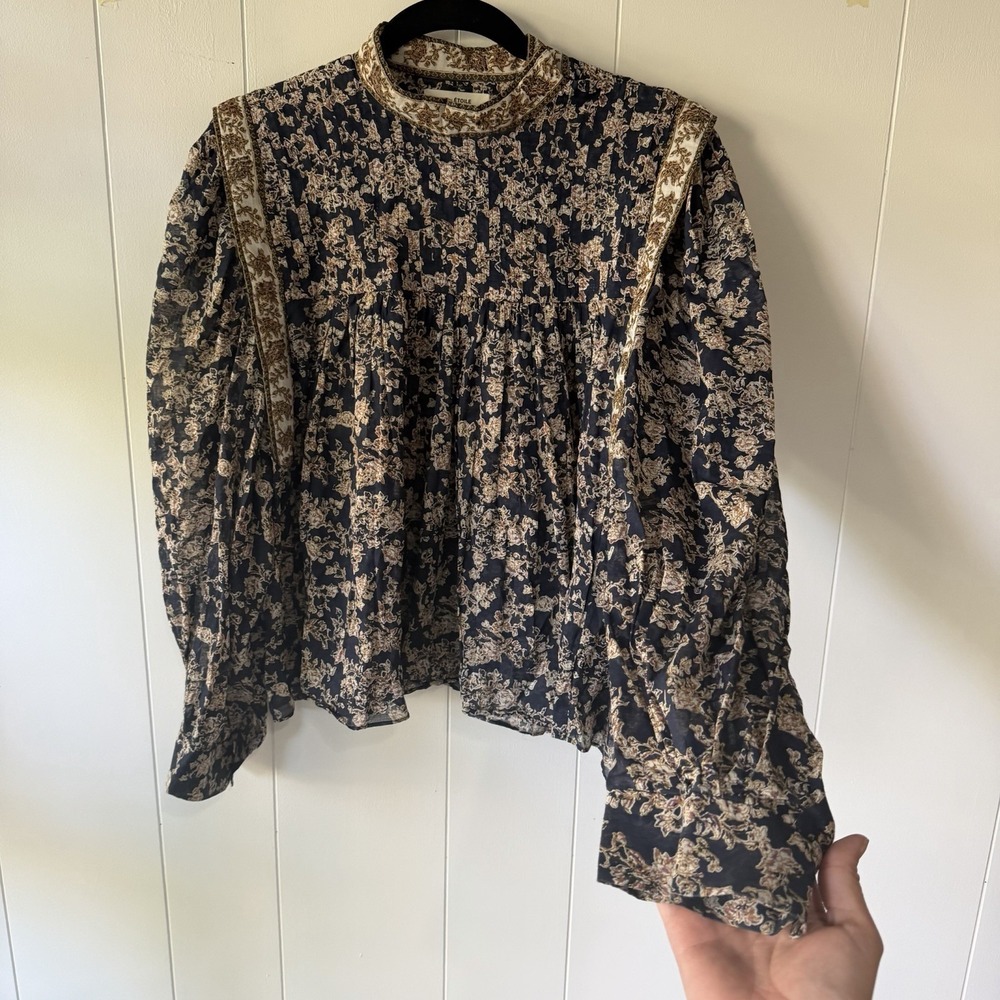 Isabel Marant Étoile Vega Top Size 36 Navy Floral High Neck Cotton Blouse